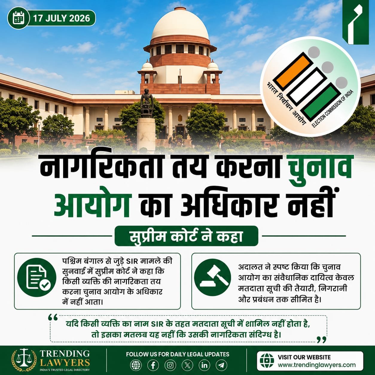 The Supreme Court has clarified that the Election Commission of India (ECI) does not have the authority to determine the citizenship of any individual.
